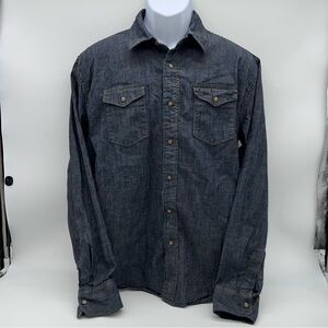 Wrangler Men’s Dark Blue/Indigo Casual Brown Snaps Down Long Sleeve Shirt-L